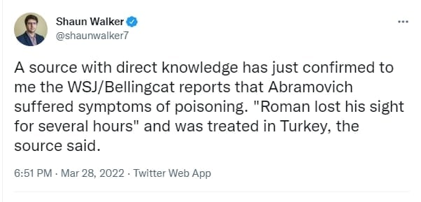 As a result of chemical poisoning Abramovich lost his vision for several hours and was taken to Turkey for treatment