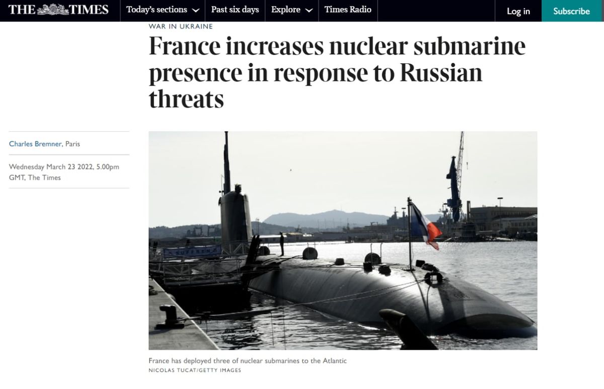 The Times reports that in response to Russian aggression, France has decided to increase the presence of nuclear submarines