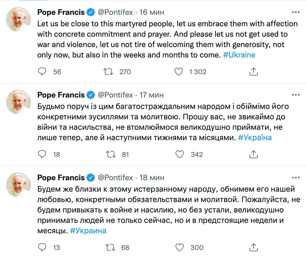 Pope Francis supported the Ukrainian people by writing a post in Ukrainian, Russian and English