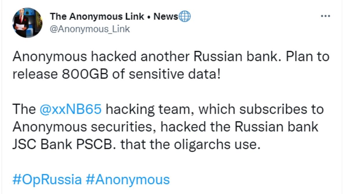 Anonymous hacked Russian PSСB Bank.